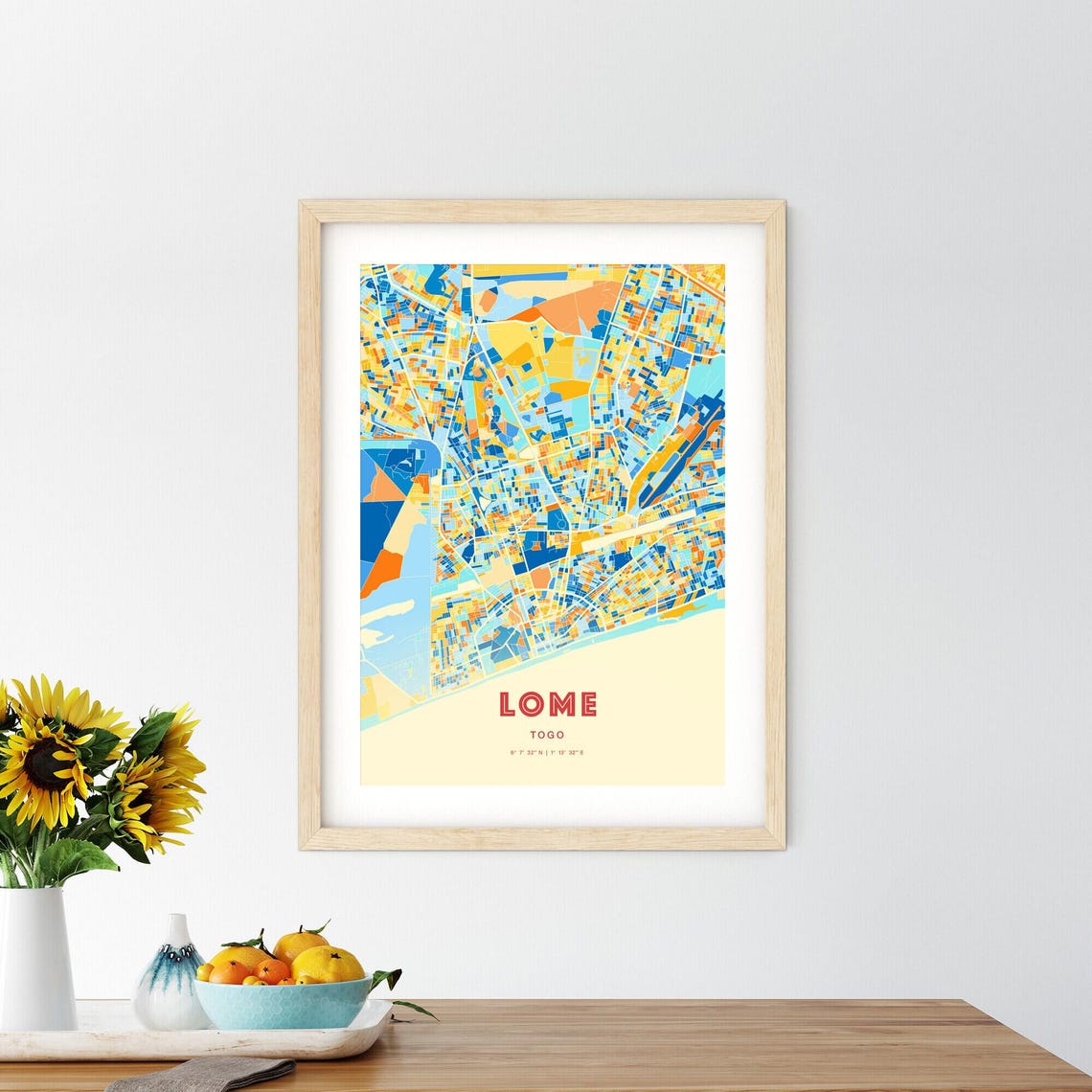 Lome Togo Blue Orange Vibrant Coastal Port City Map Art Poster - Image 2