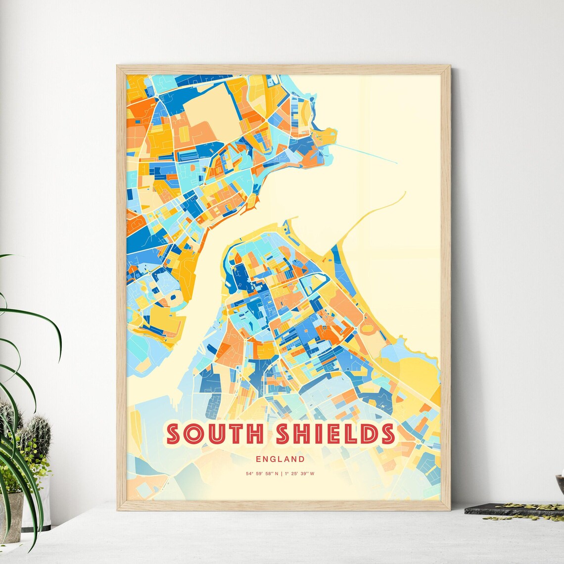 South Shields England Colorful Blue and Orange Street Map City Art Poster