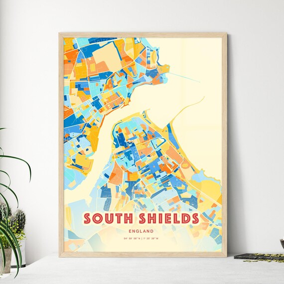 South Shields England Colorful Blue and Orange Street Map City Art Poster