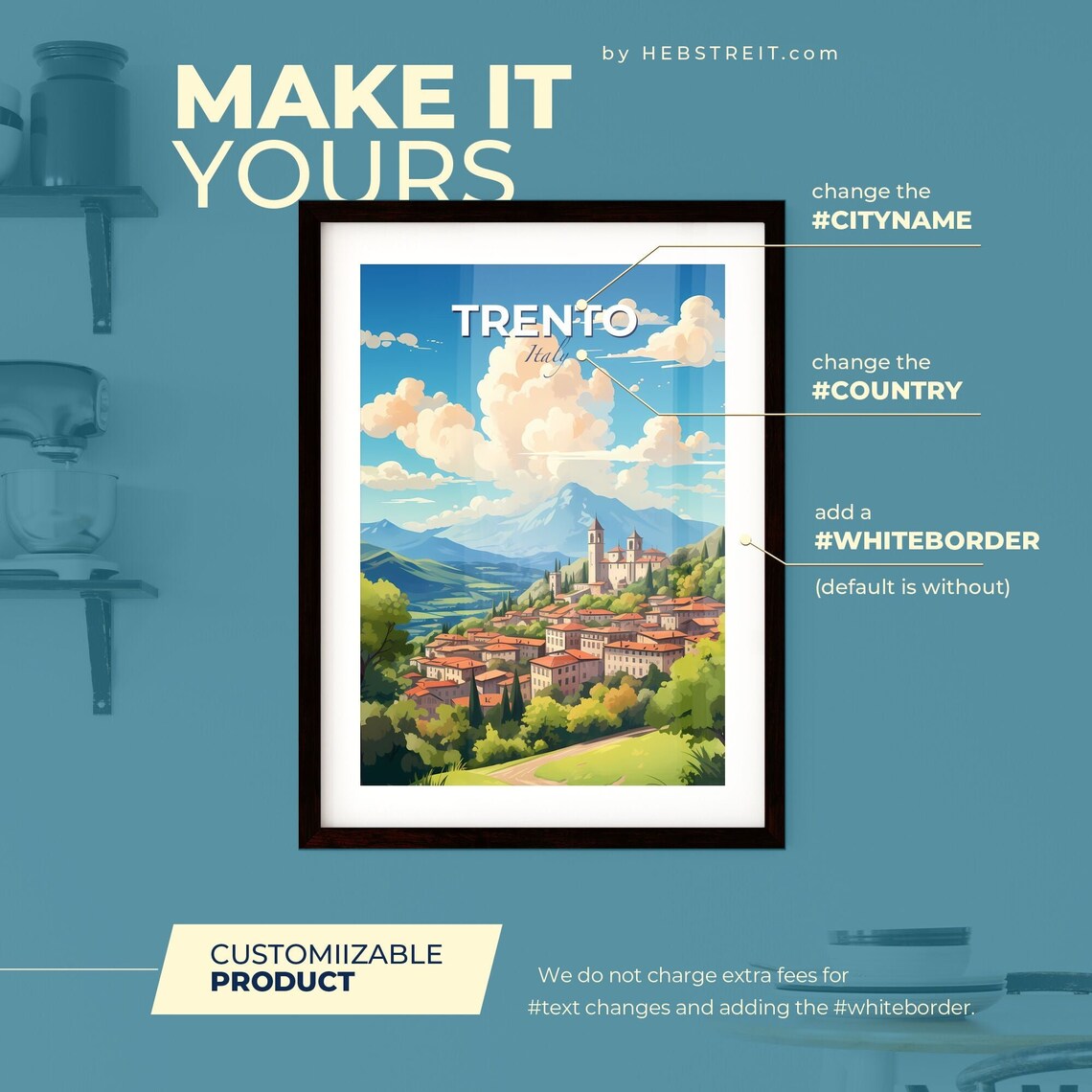 Trento Italy Travel Poster Alpine Town Illustration Mountain Skyline Art - Image 2