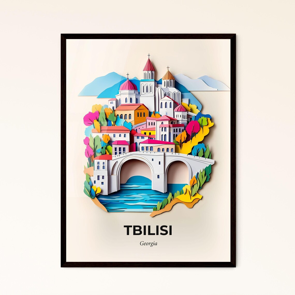 Tbilisi Georgia Old Bridge Church Colorful Paper Cut Art Poster