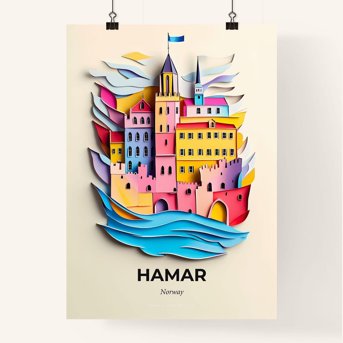 Hamar Norway Colorful Paper Cut Castle Town on the Water Poster - Image 4