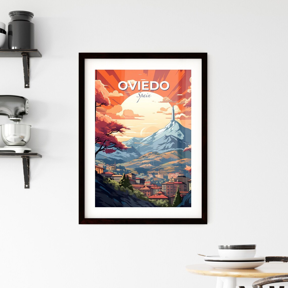 Oviedo Spain Fiery Sunset Mountain City Red Rooftop Travel Poster - Image 2