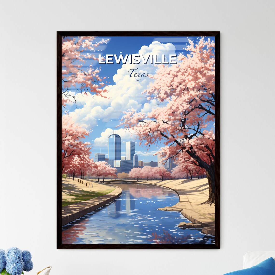 Lewisville Texas Cherry Blossom Riverbend Skyline Travel Poster