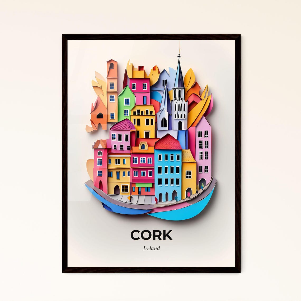 Cork Ireland Colorful Paper Cut Old Town Skyline Scene Poster
