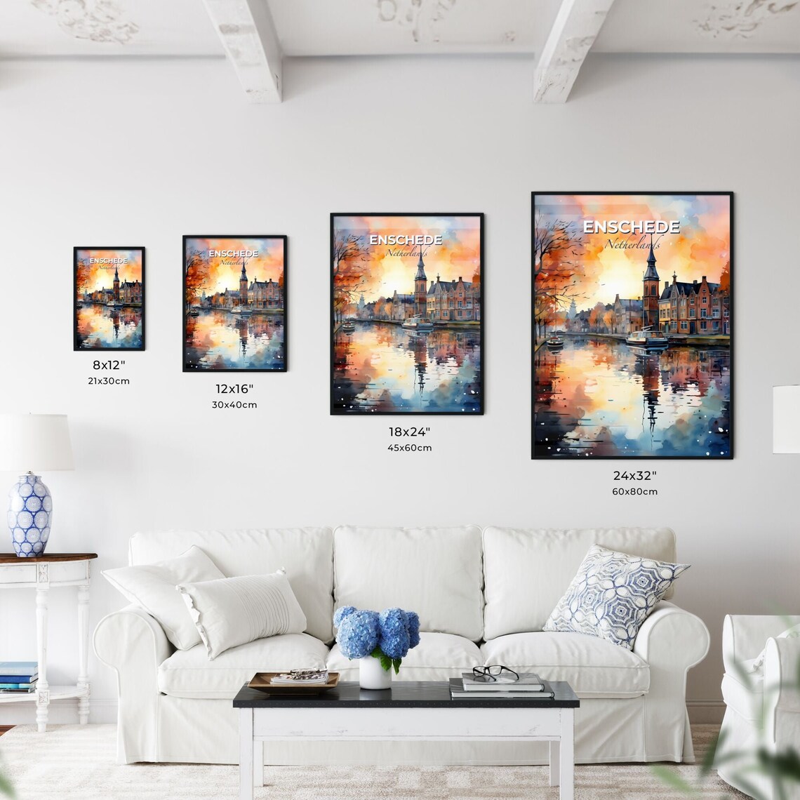 Enschede Netherlands Watercolor Canal Boats Autumn Sunset Poster - Image 3