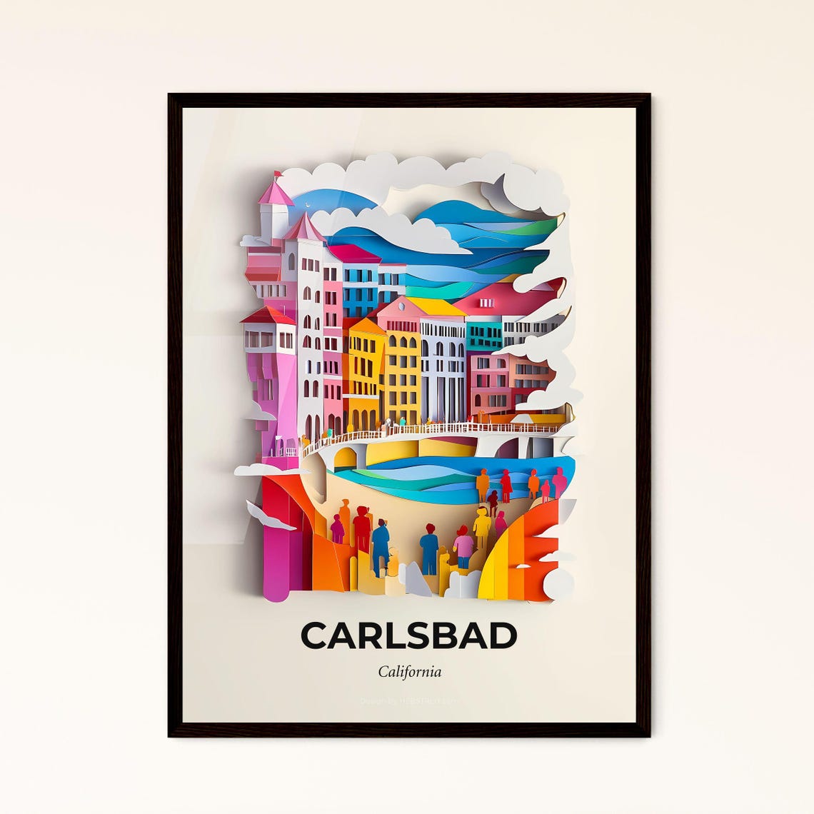Carlsbad California Colorful Paper Cut Sunny Beach Skyline Poster
