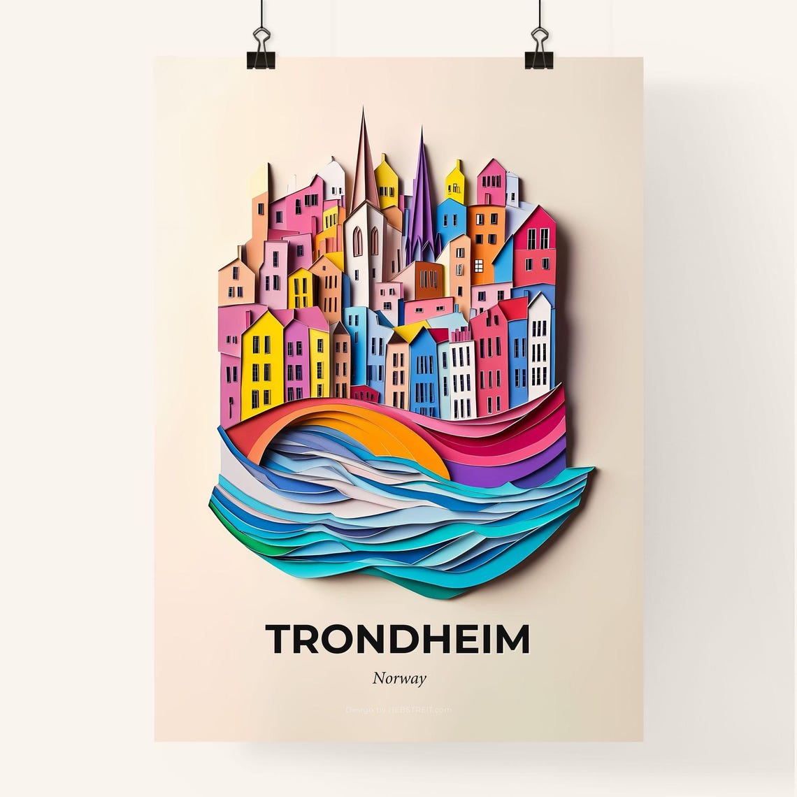Trondheim Norway Harbor Houses Colorful Paper Cut Art Poster - Image 4