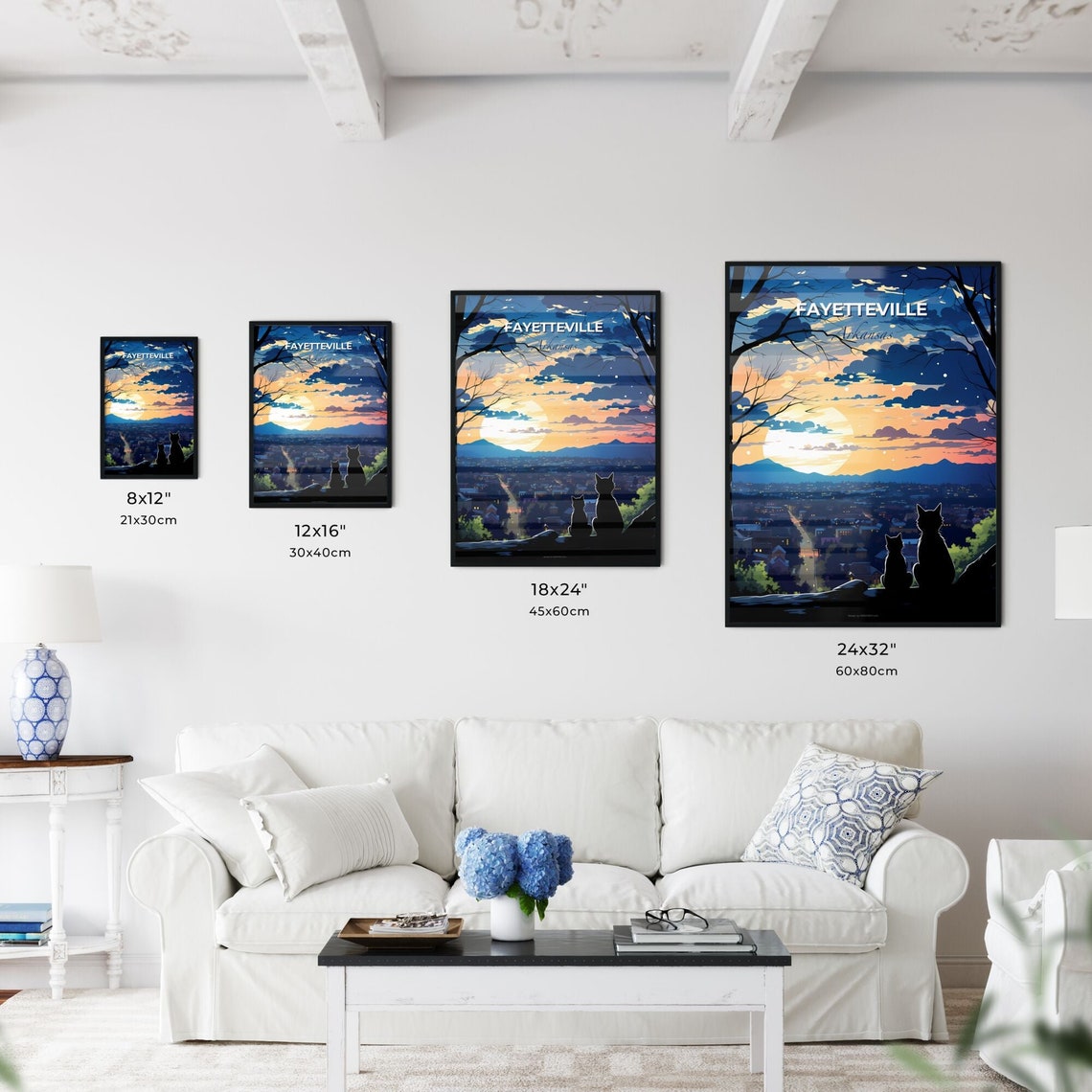 Fayetteville Arkansas Night City View With Two Cats Silhouette Poster - Image 3