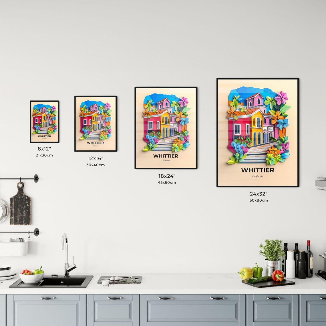 Whittier California Colorful Paper Cut Floral Street Travel Poster - Image 3
