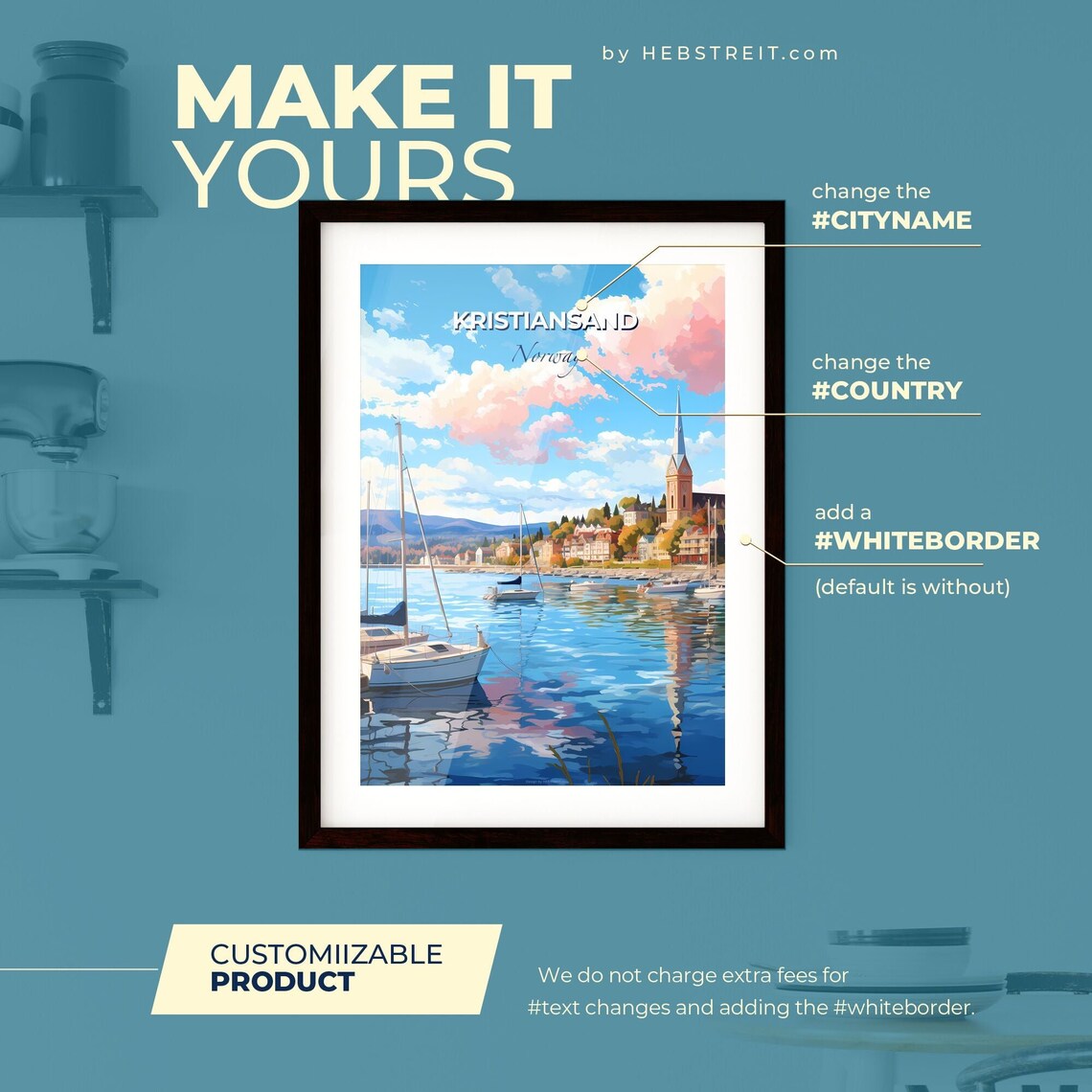 Kristiansand Norway Sailboat Harbor Church Spire Travel Art Poster - Image 2