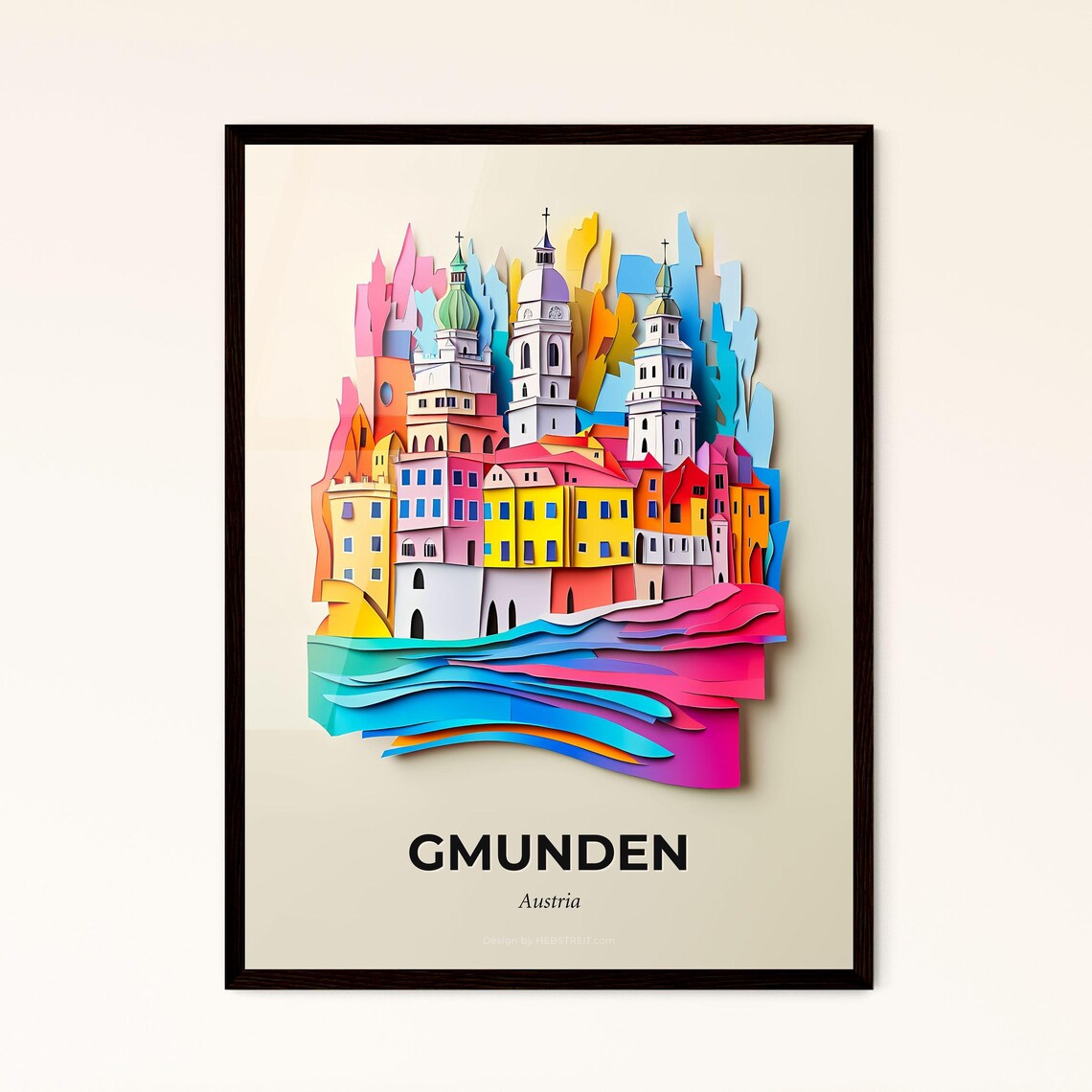 Gmunden Austria Colorful Paper Cut Church Towers Lake Poster