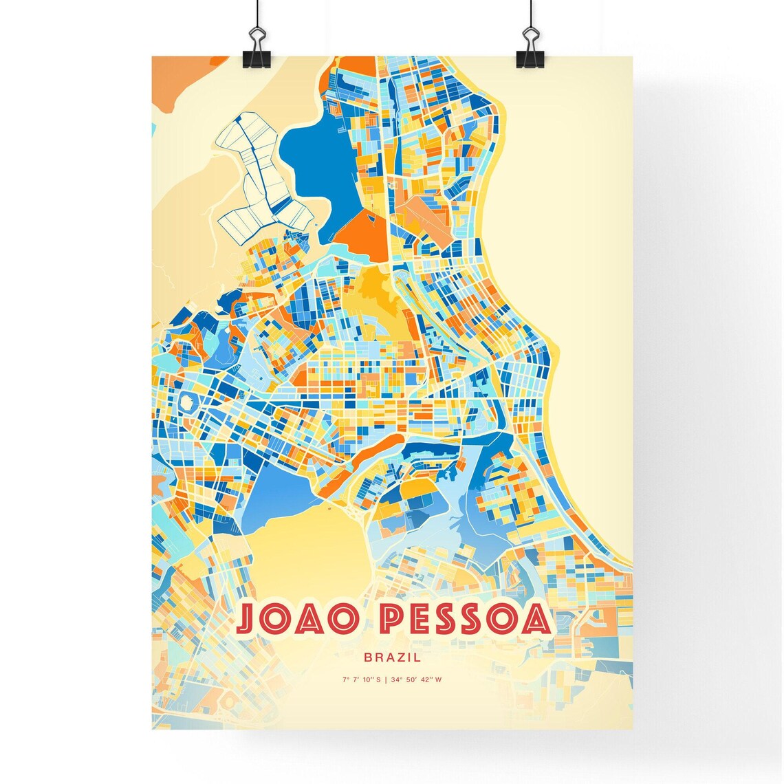 Joao Pessoa Brazil Colorful City Map Art Poster Blue Orange Coastal Grid - Image 3