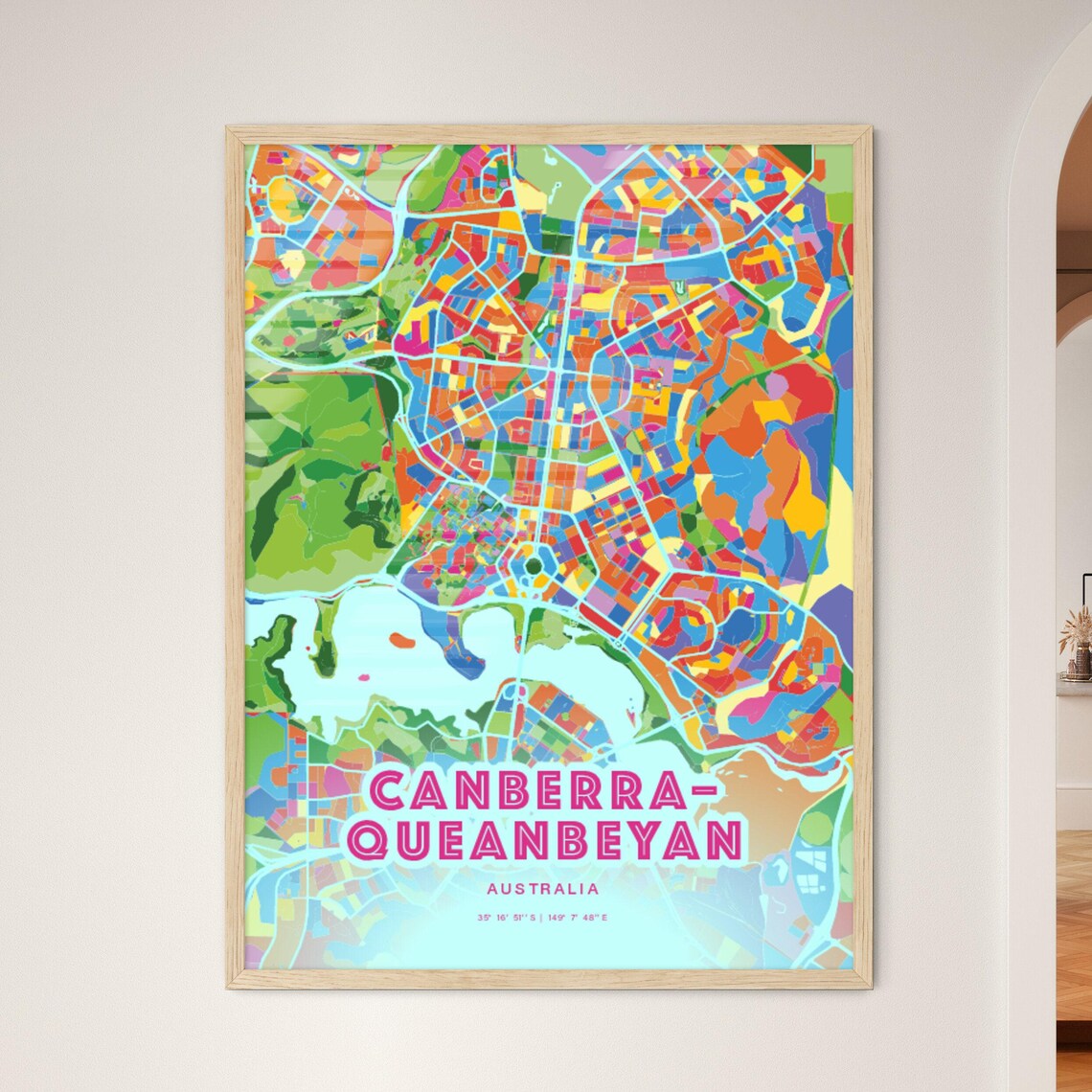 Queanbeyan Australia Colorful City Map Art Poster in Pink and Turquoise
