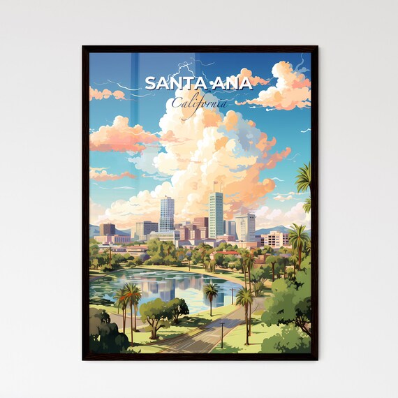 Santa Ana California Bright Palm Lake Skyline Sunset Travel Poster