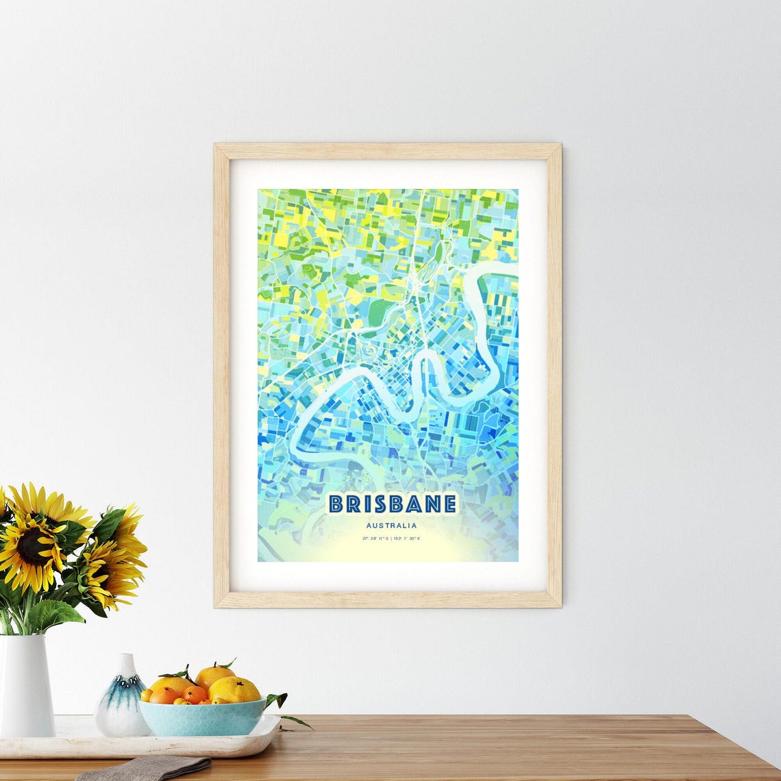 Brisbane Australia Pastel Blue City Map Art with Coordinates Poster - Image 2