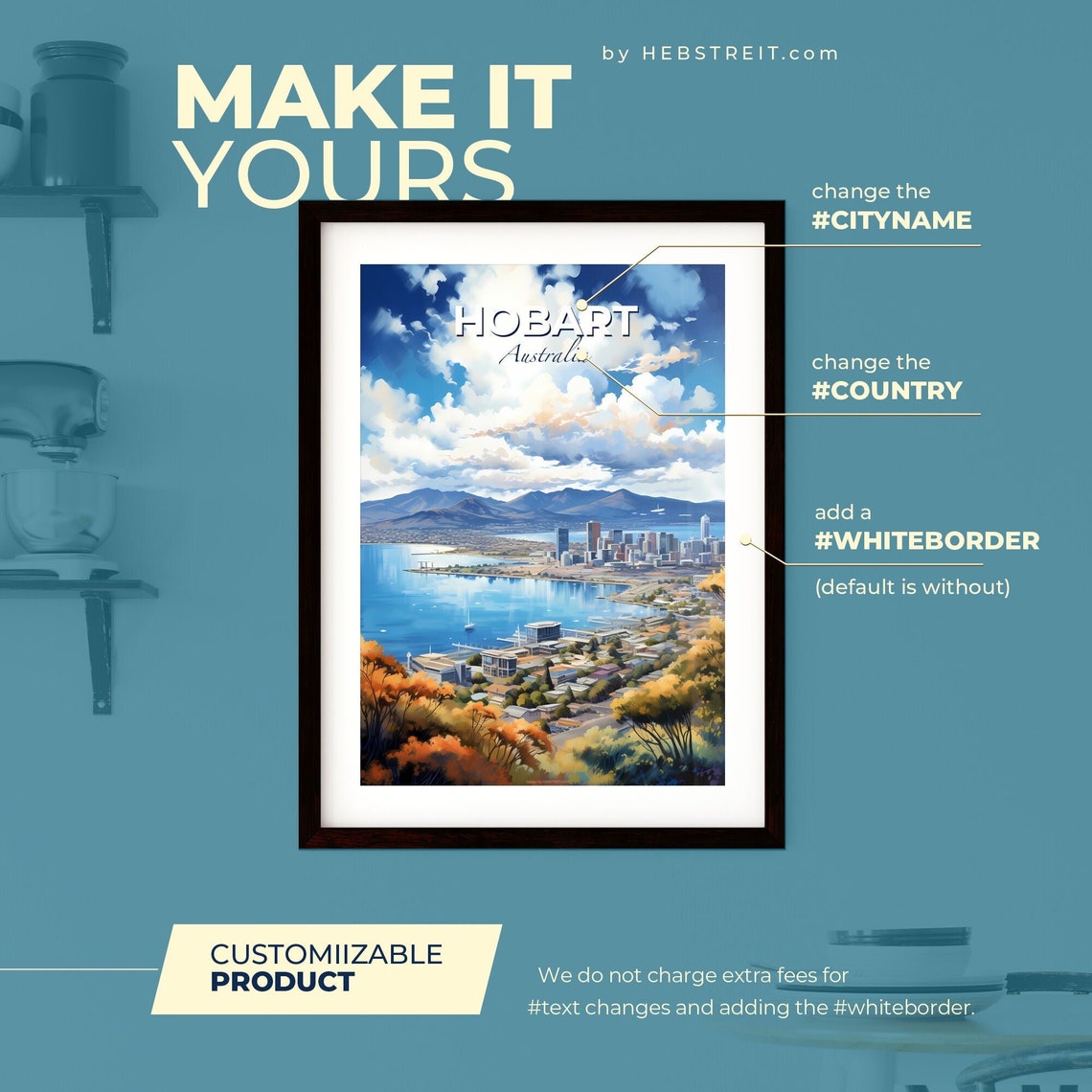 Hobart Australia Blue Harbor Waterfront Skyline Travel Art Poster - Image 2