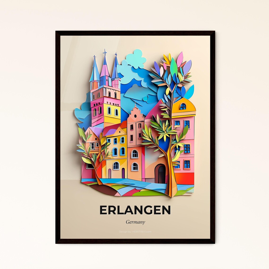 Erlangen Germany Colorful Paper Cut Cityscape Art Travel Poster