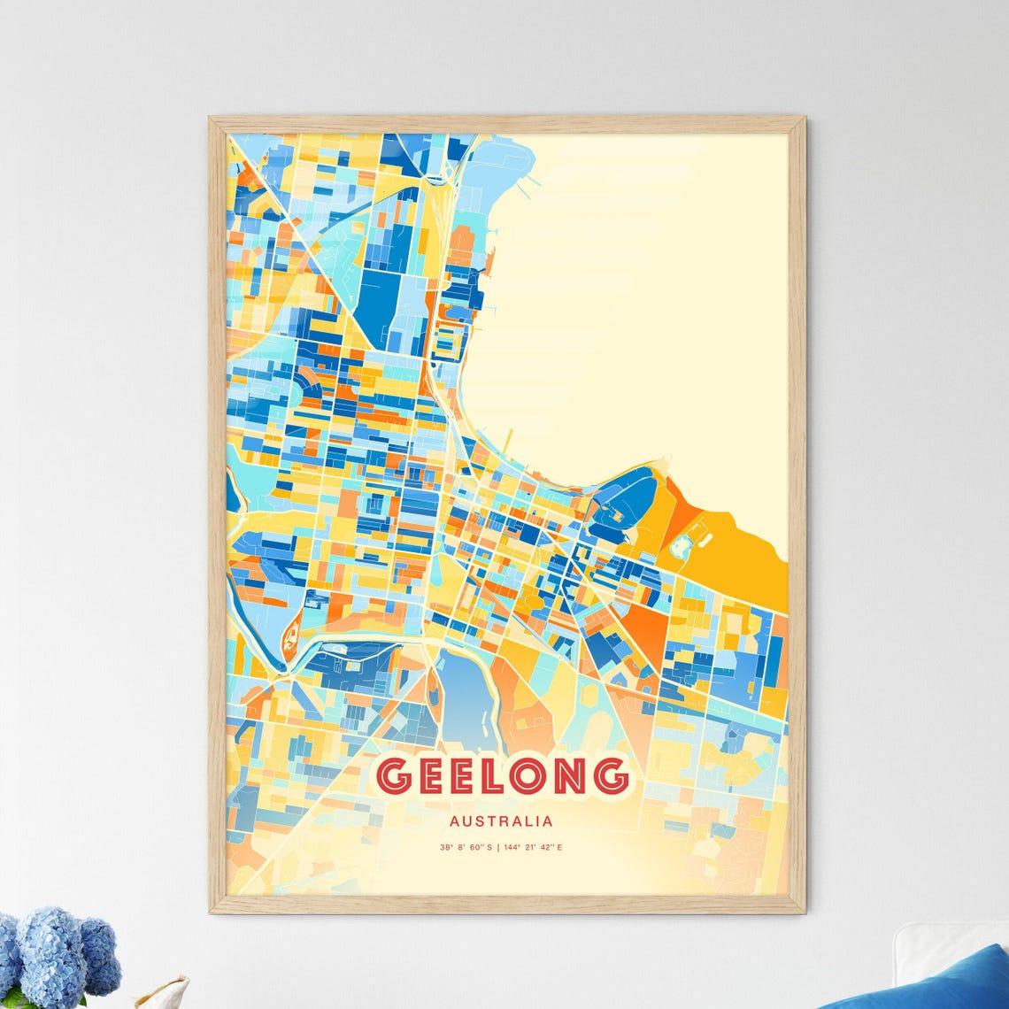 Geelong Australia City Map Abstract Blue Orange Modern Art Print