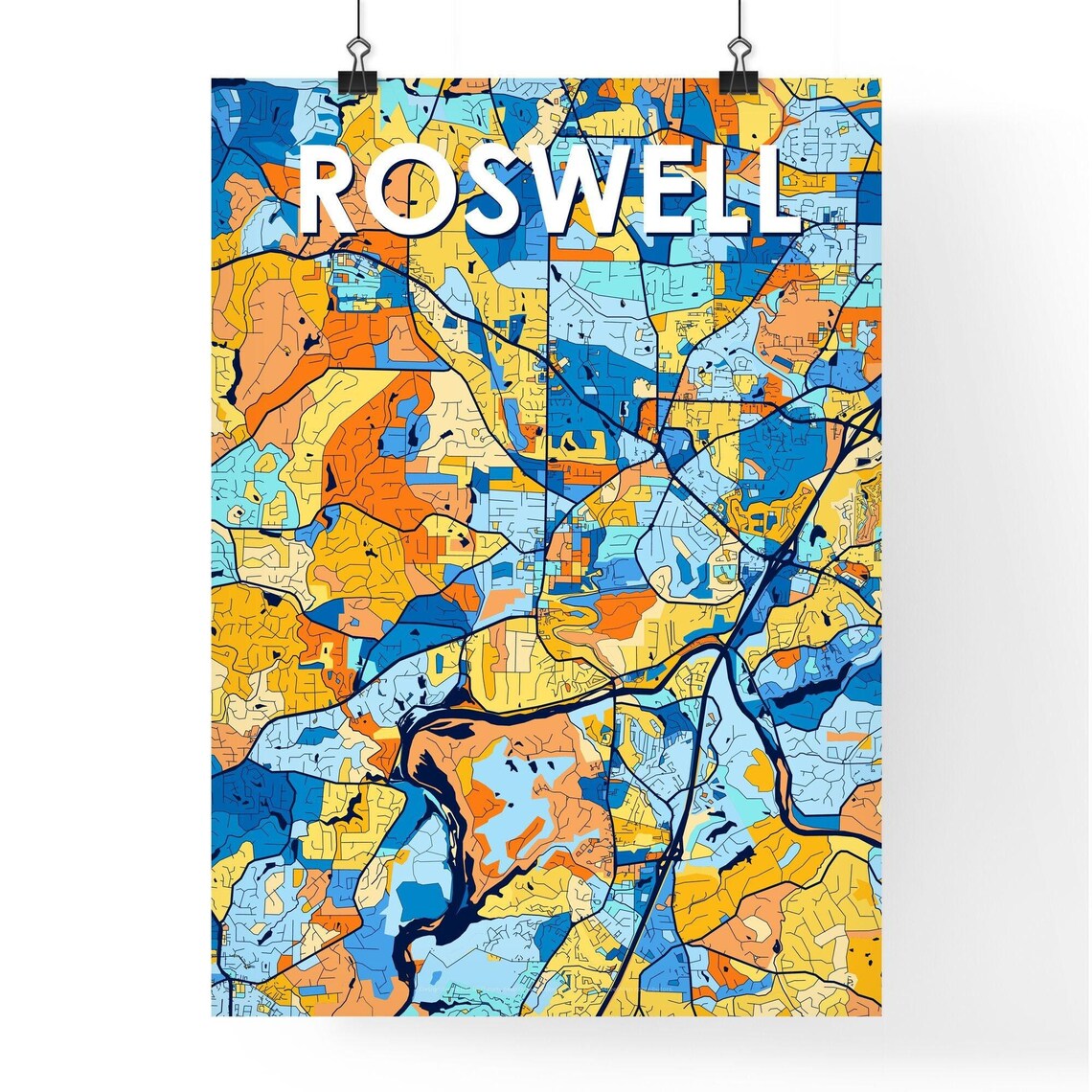 Roswell Georgia City Map Poster Vibrant Modern Home Wall Decor Art