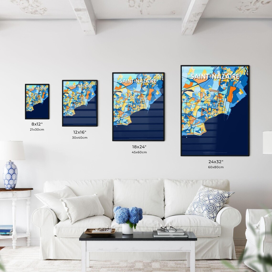 Saint Nazaire France Bold Blue Orange City Map Wall Decor Poster - Image 3