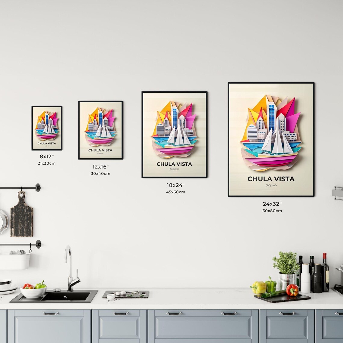 Chula Vista California Colorful Paper Cut Sailboats and Skyline Poster - Image 3