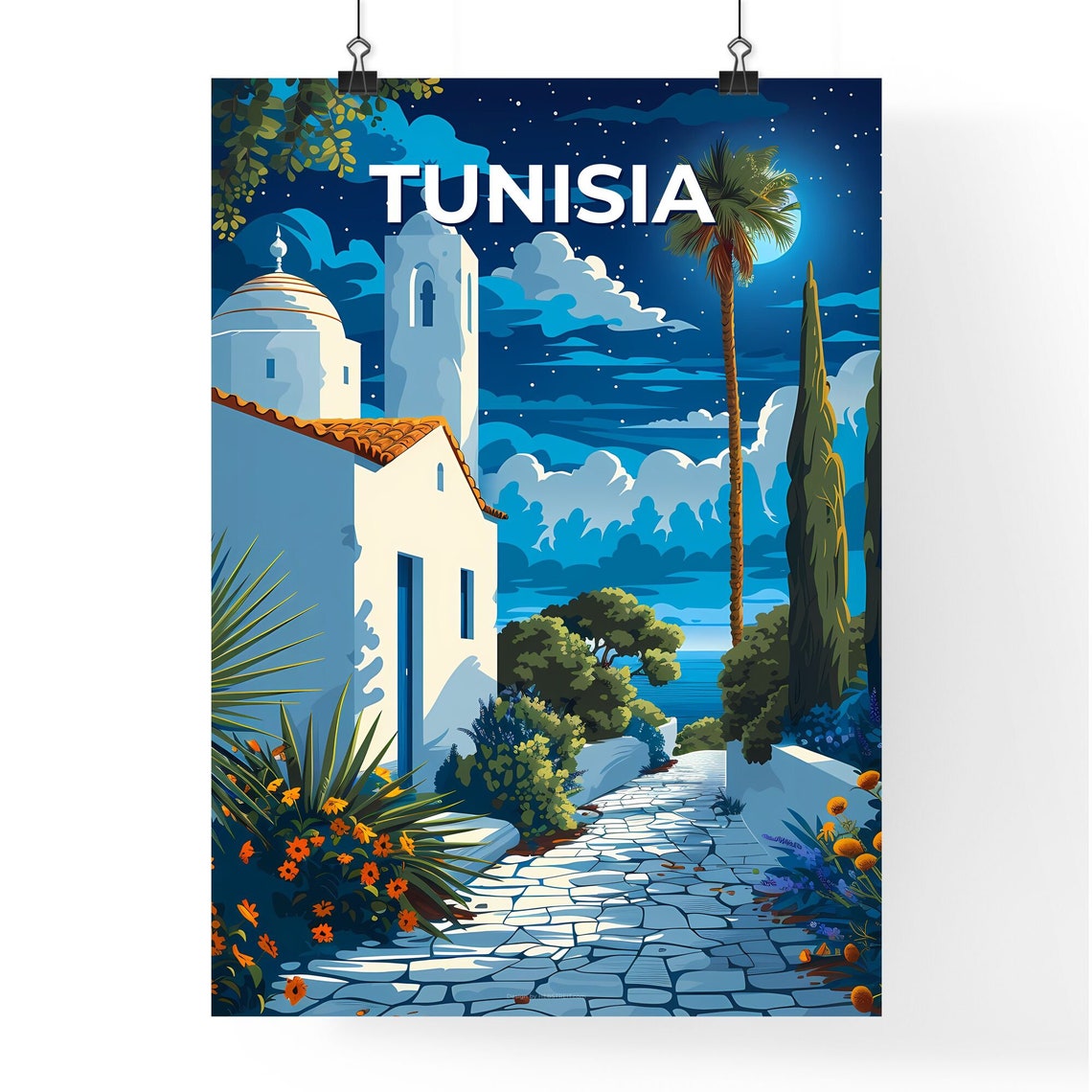 Tunisia Stone Path Night Village Vintage Mediterranean Travel Poster - Image 4