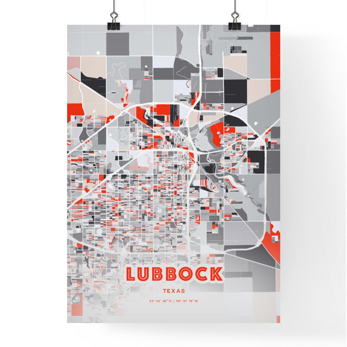Lubbock Texas Modern Expressive Red Gray City Map Art Poster - Image 3