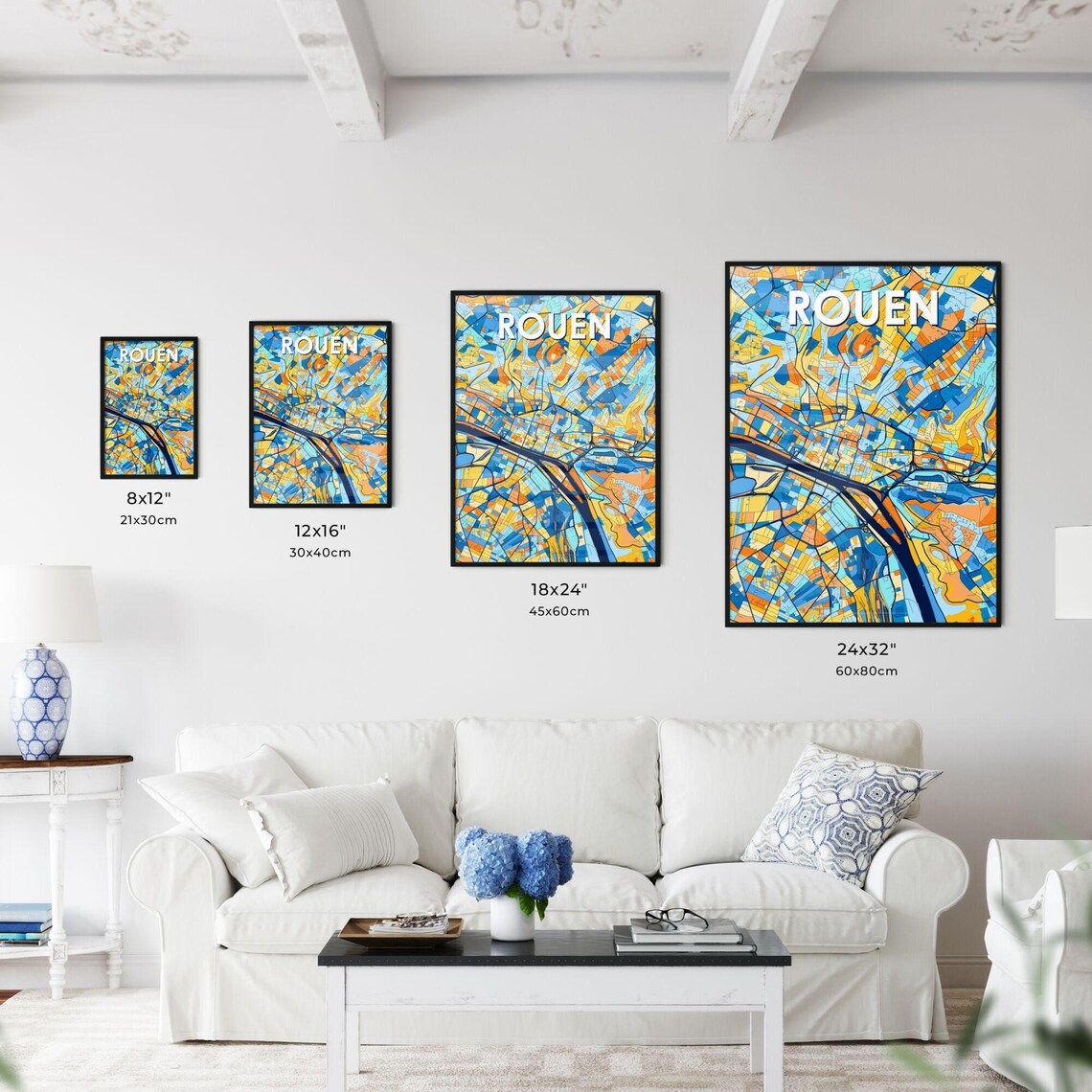 Rouen France Vibrant Geometric City Map Art Poster in Blue and Orange - Image 3
