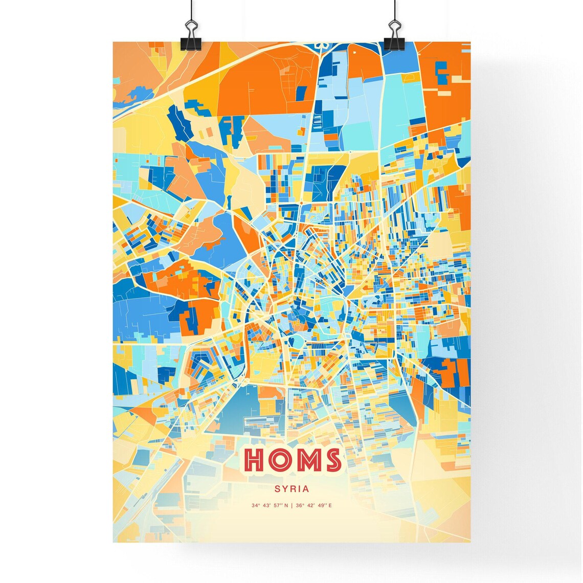Homs Syria Colorful Blue and Orange City Street Map Art Poster - Image 3