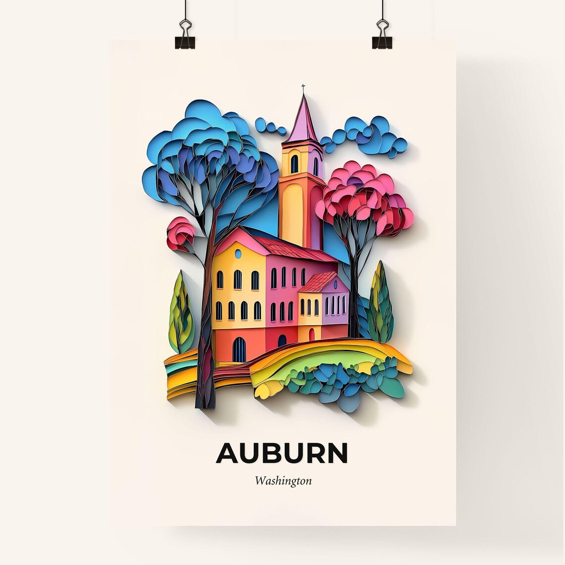 Auburn Washington Colorful 3D Paper Cut Church Trees Art Poster - Image 4