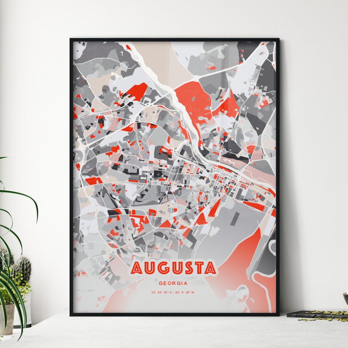 Augusta Georgia City Map Art Poster Red Gray Expressive Street Design