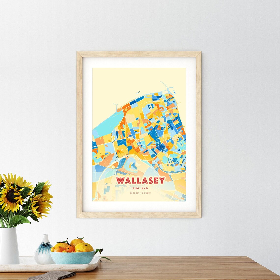 Wallasey England Colorful Blue and Orange Retro City Street Map Wall Art - Image 2