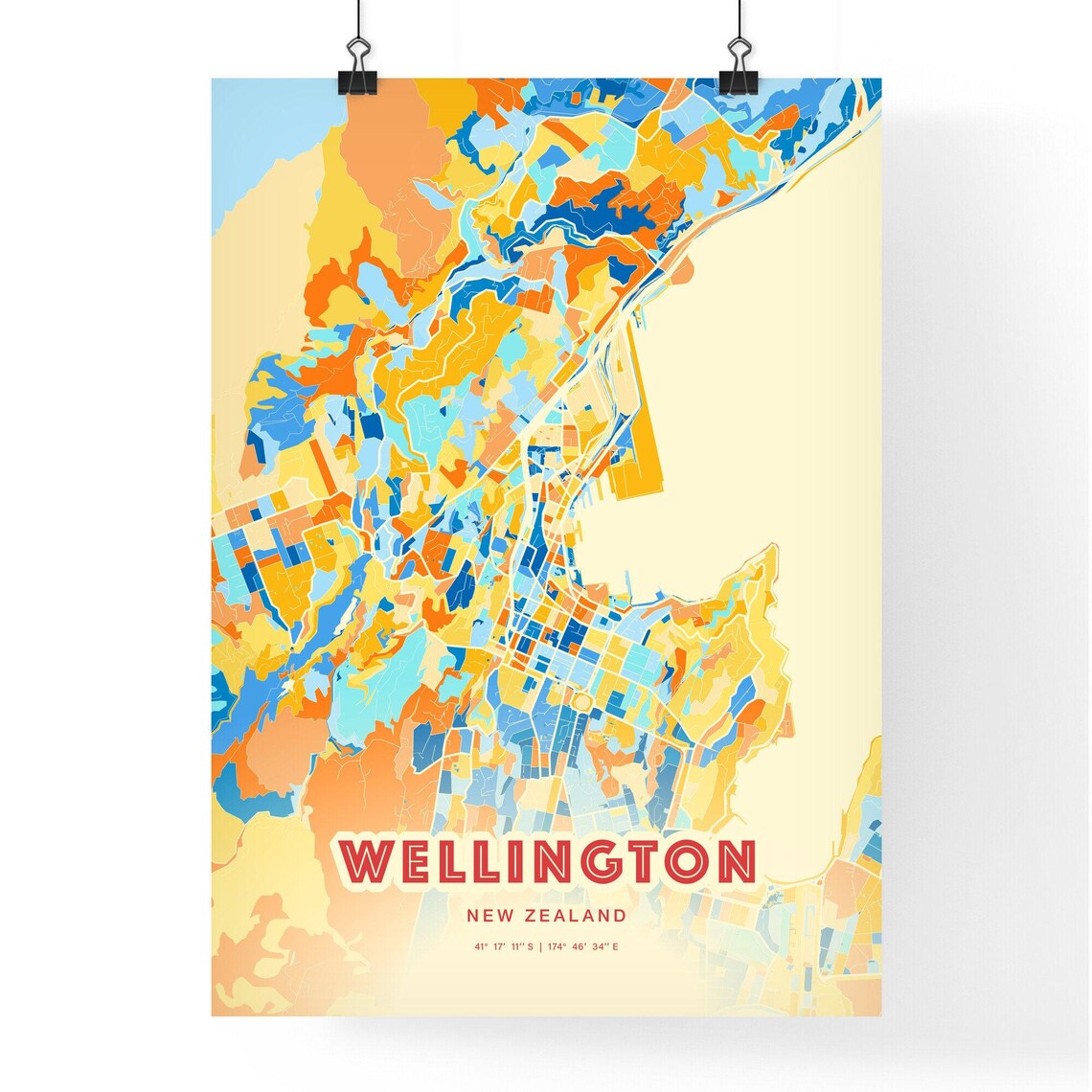 Wellington New Zealand Colorful Blue Orange City Map Art Poster - Image 3