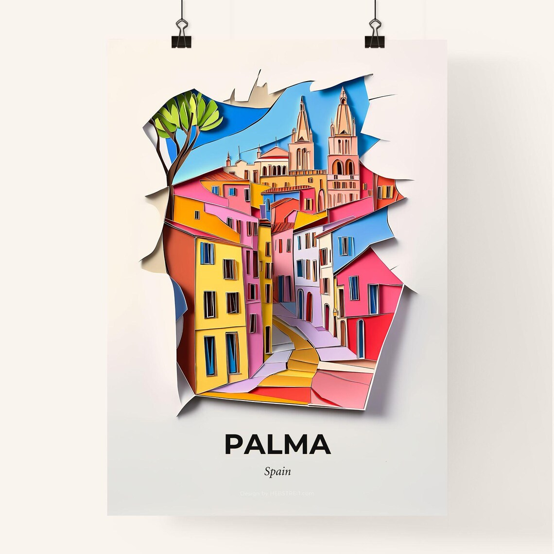 Palma Spain Colorful Old Town Cathedral 3D Paper Cut Art Poster - Image 4