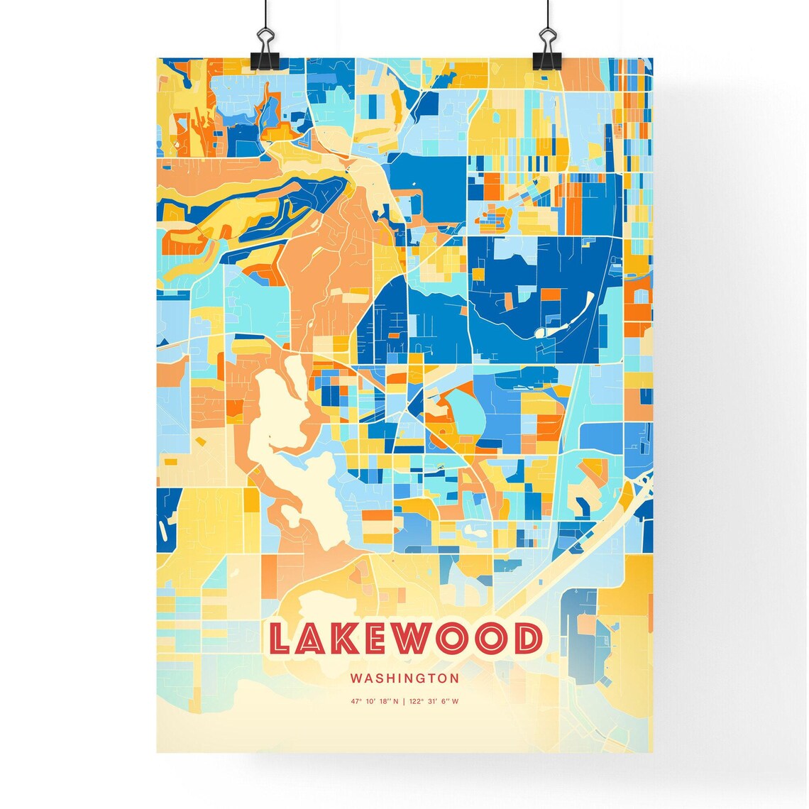 Lakewood Washington Colorful Blue and Orange Retro City Street Map Wall Art