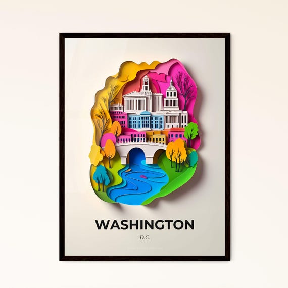 Vivid Washington Dc A Paper Cut Print Of A City With A Bridge Fine Art Print Customizable