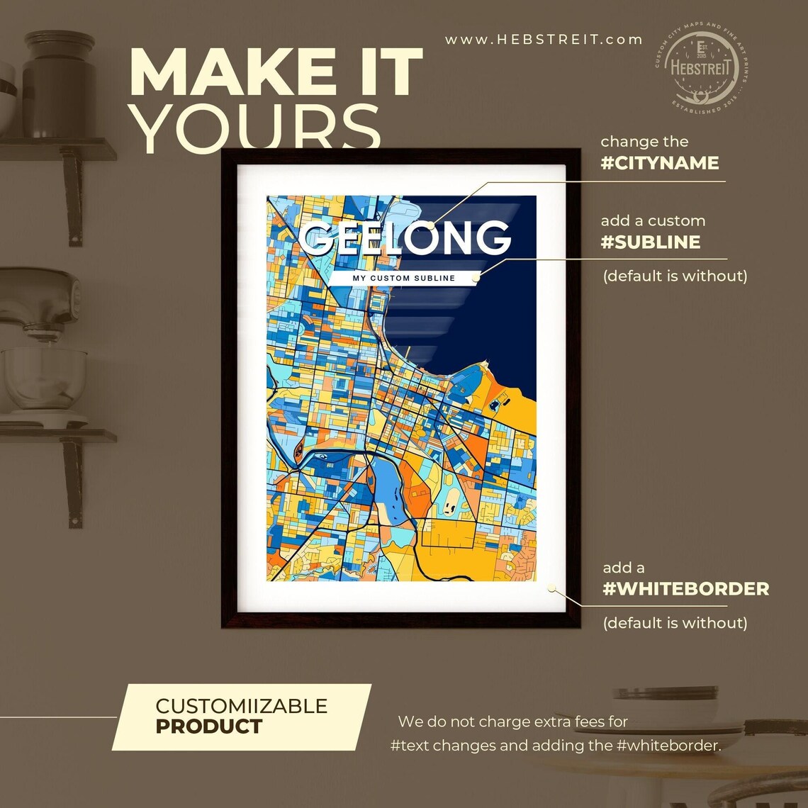 Geelong Australia Stylish Vibrant Blue and Orange Mosaic City Map Poster - Image 2