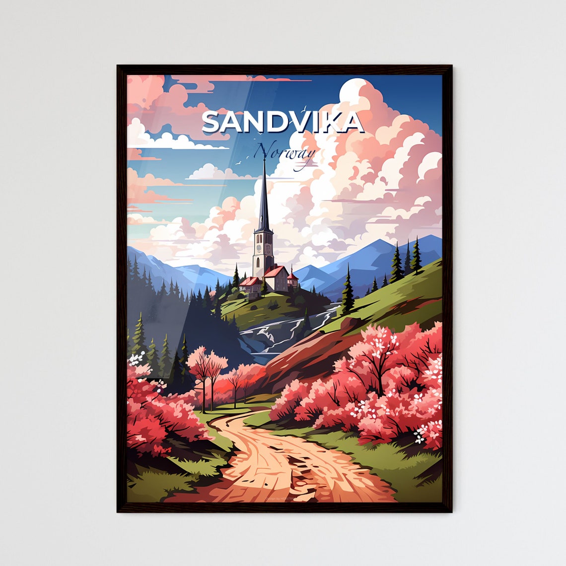 Sandvika Norway Hilltop Church Spring Blossoms Mountains Poster