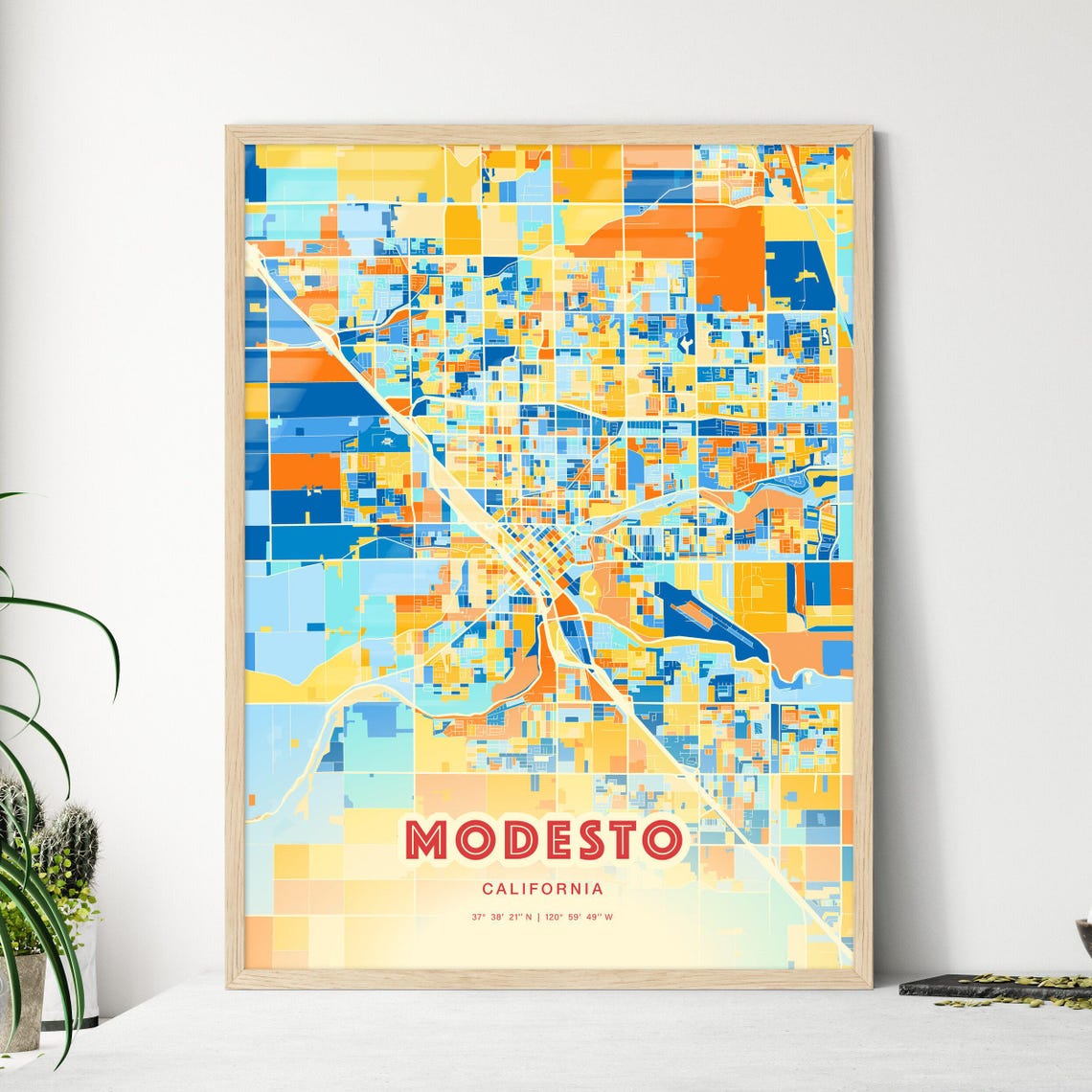 Modesto California Modern Geometric Blue Orange City Map Art Poster
