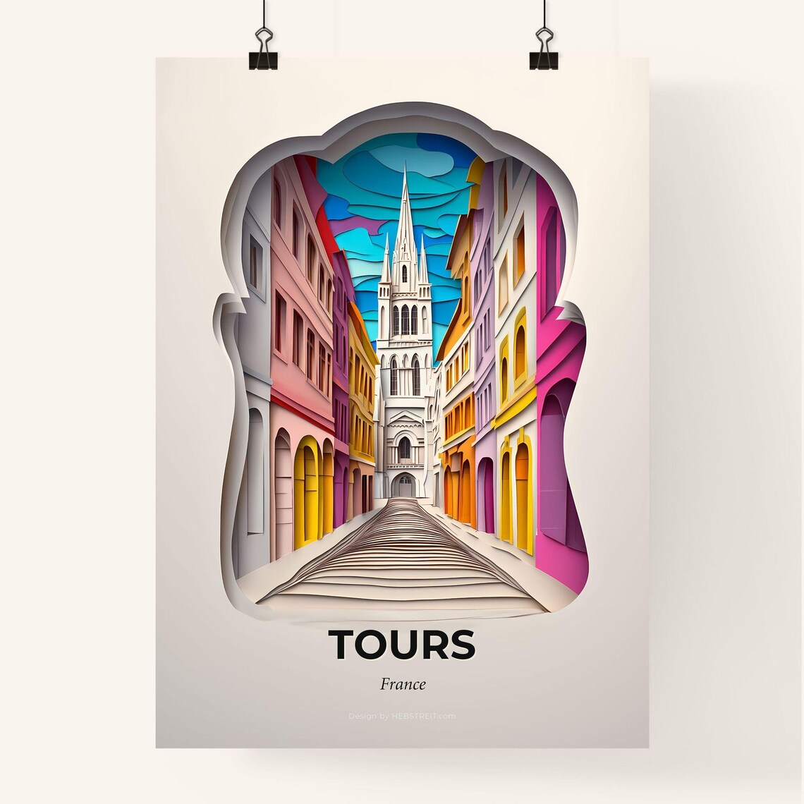 Tours France Gothic Cathedral Street Paper Cut City Art Poster - Image 4