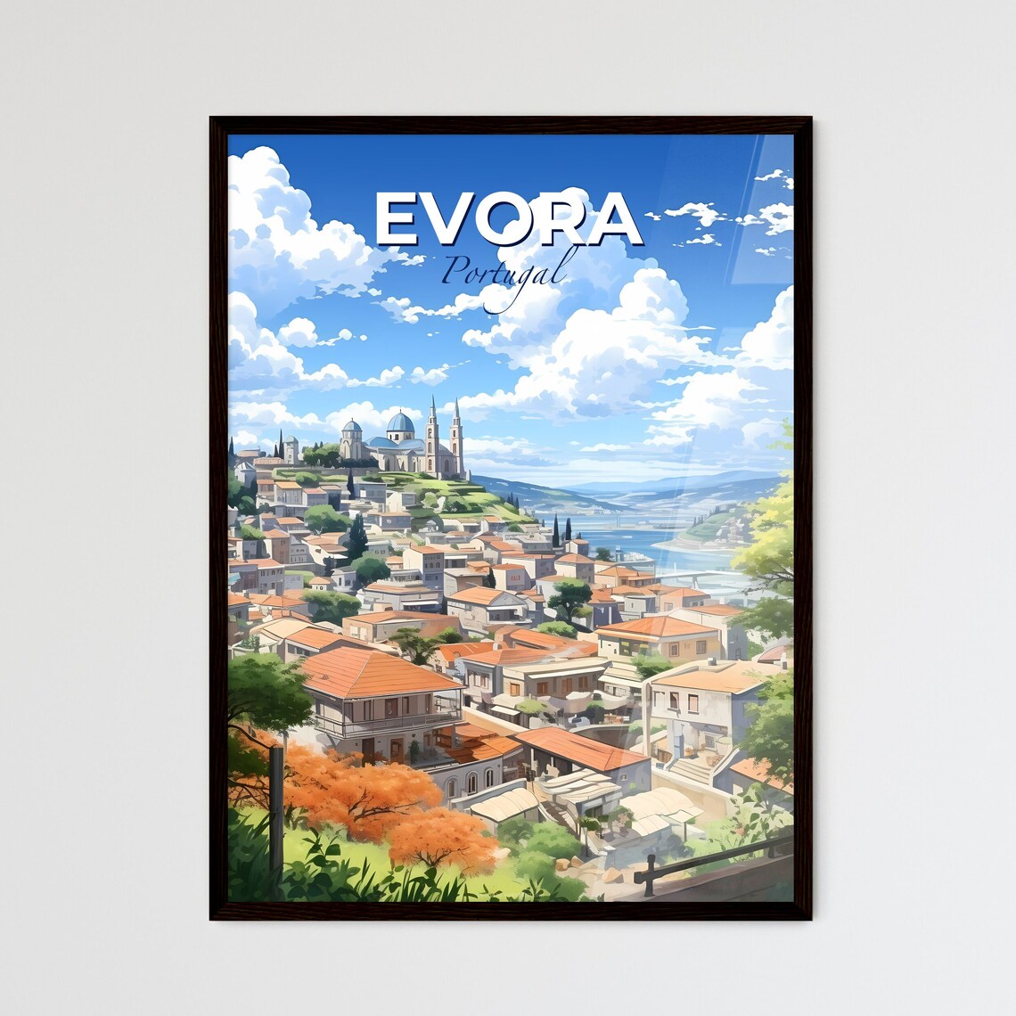 Evora Portugal Hilltop Cathedral Old Town Vintage Travel Poster