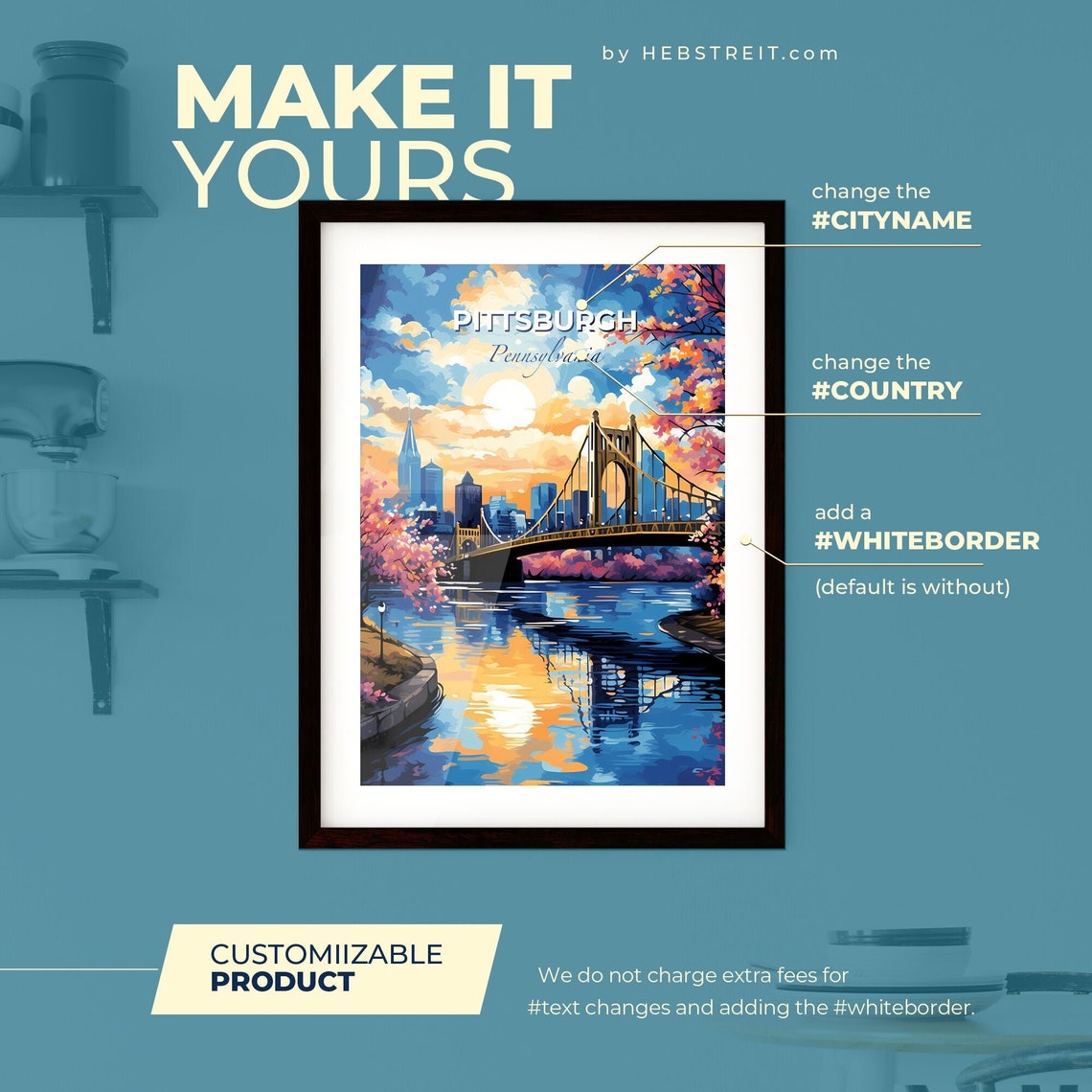 Pittsburgh Pennsylvania Bridge Sunset River Skyline Travel Poster - Image 2