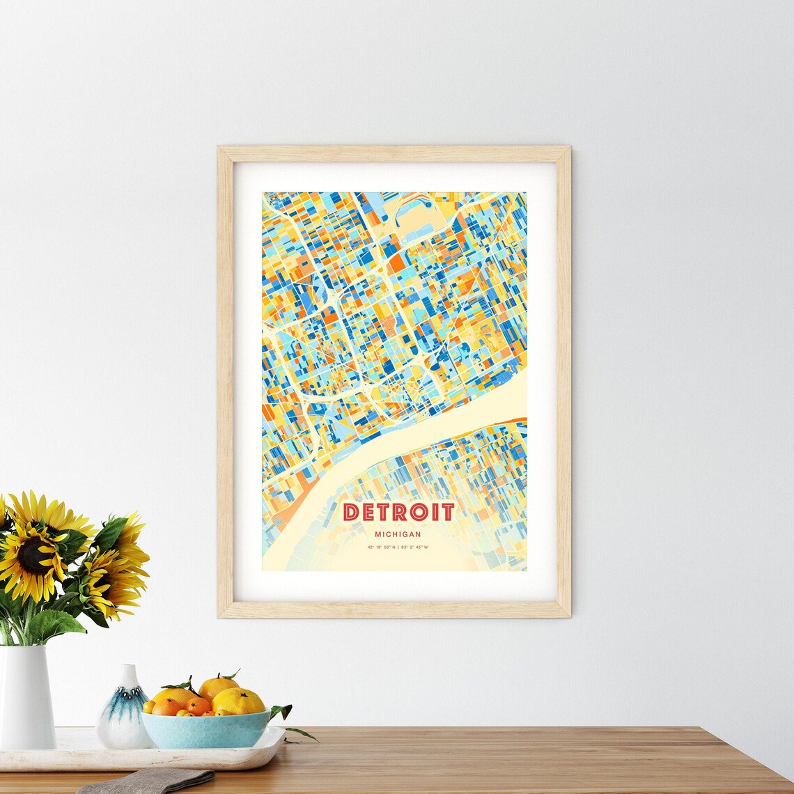 Detroit Michigan Blue Orange Vibrant Downtown Street Map Art Poster - Image 2