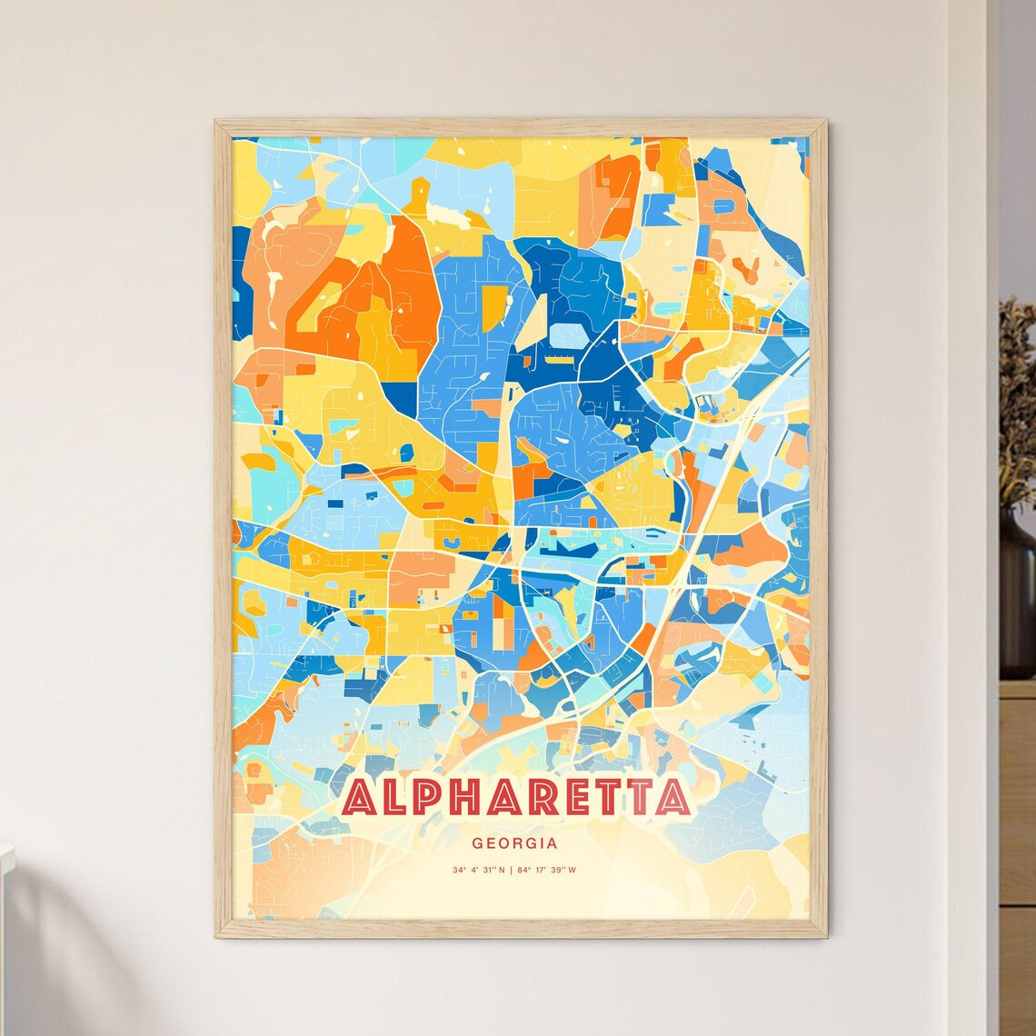Alpharetta Georgia Colorful Blue and Orange Retro City Street Map Wall Art - Image 3