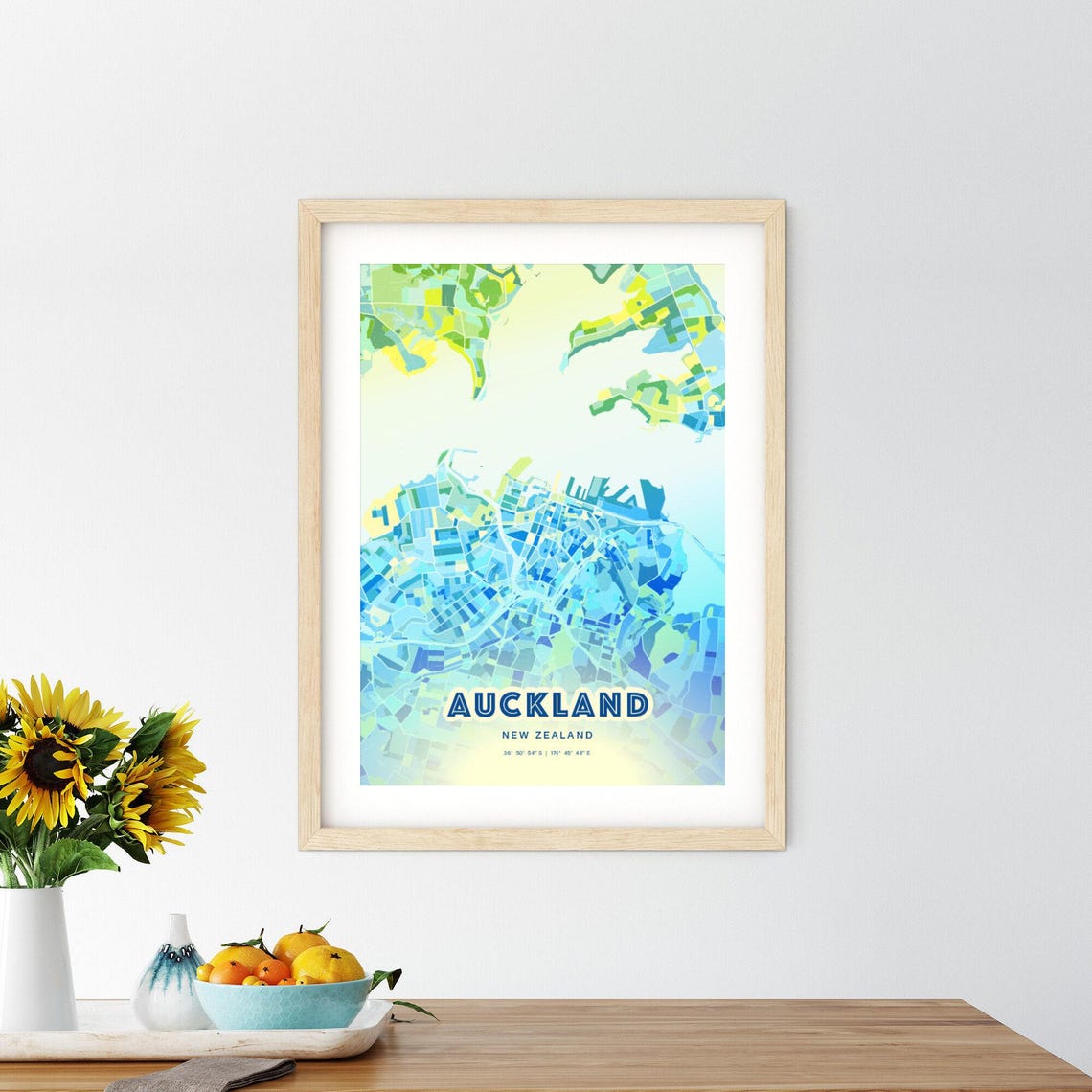 Auckland New Zealand Pastel Blue City Map Art with Coordinates Poster - Image 2