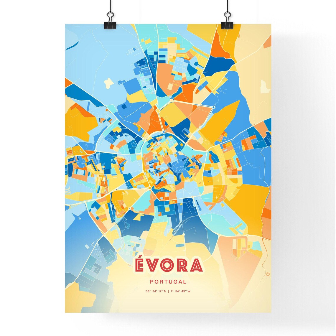 Evora Portugal Colorful Blue Orange Historic City Map Art Print - Image 3