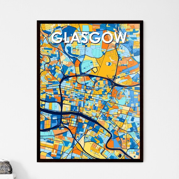 Glasgow Scotland Colorful Geometric City Map Art Poster in Blue and Orange