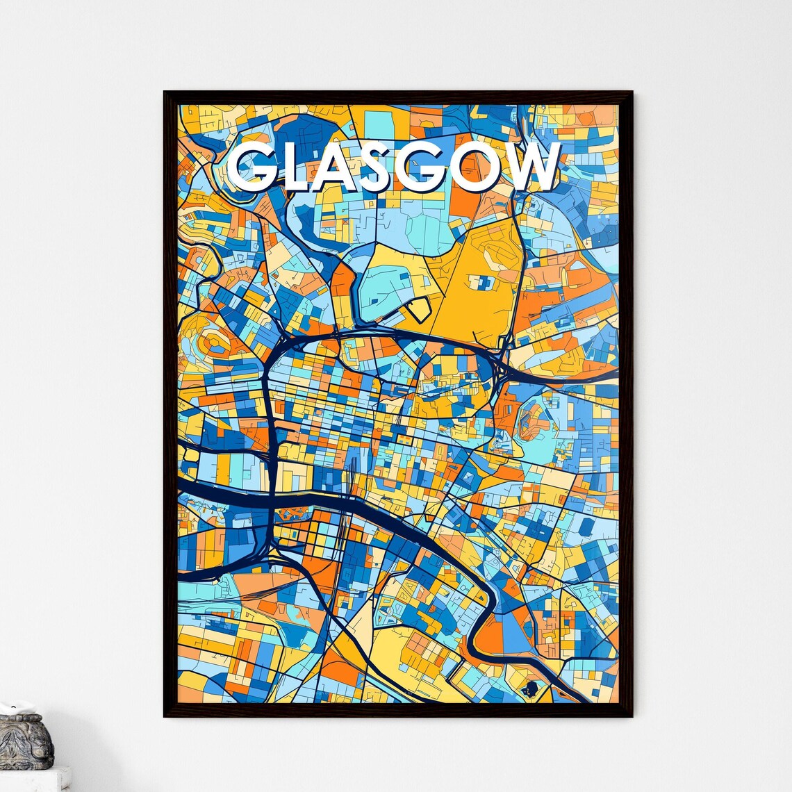 Glasgow Scotland Colorful Geometric City Map Art Poster in Blue and Orange