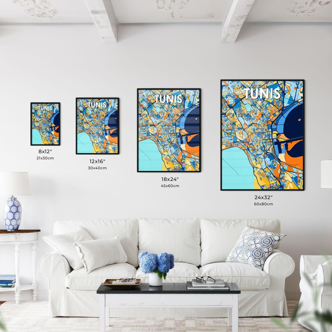 Tunis Tunisia Colorful City Street Map Blue Orange Poster Art - Image 3